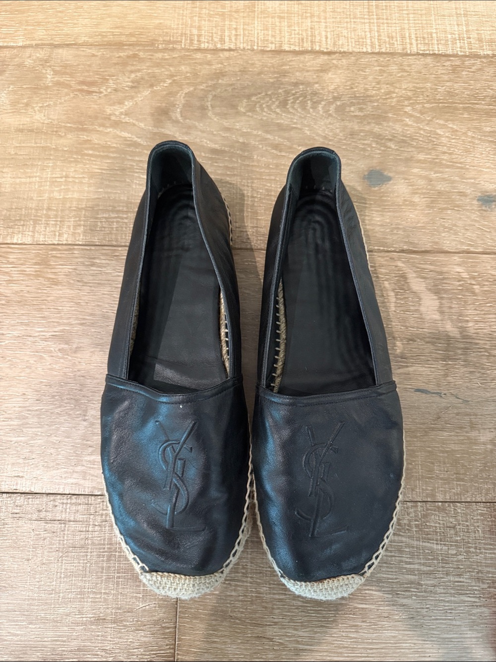 Yves Saint Laurent Black Leather Espadrilles with Jute Trim